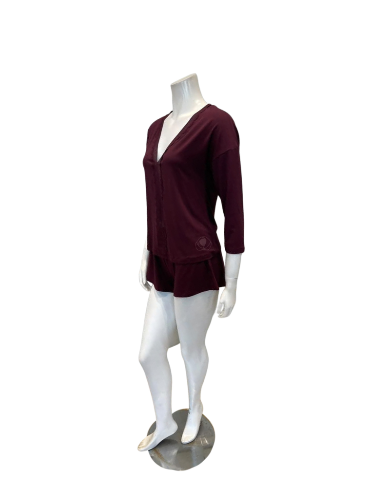 Oh! Zuza Maroon V Neck Lace Modal 3/4 Sleeve & Shorts Pajamas Set
