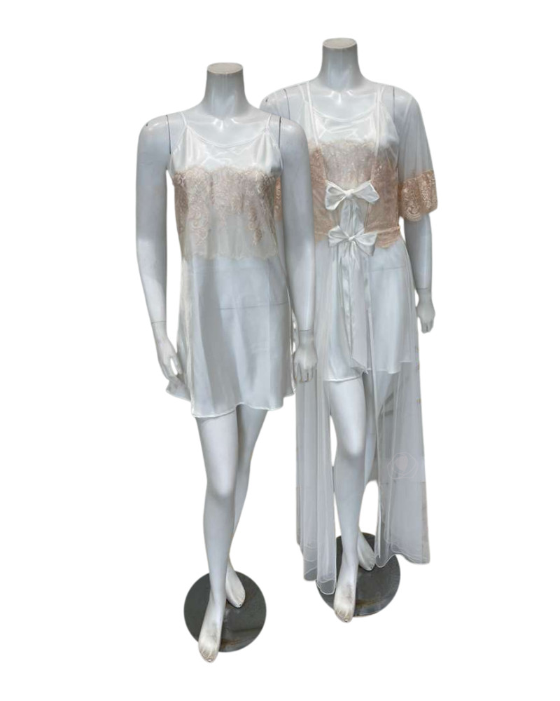 Madeleine Fig Sophia Peach Lace Charmeuse Chemise + Joan Long Robe Set