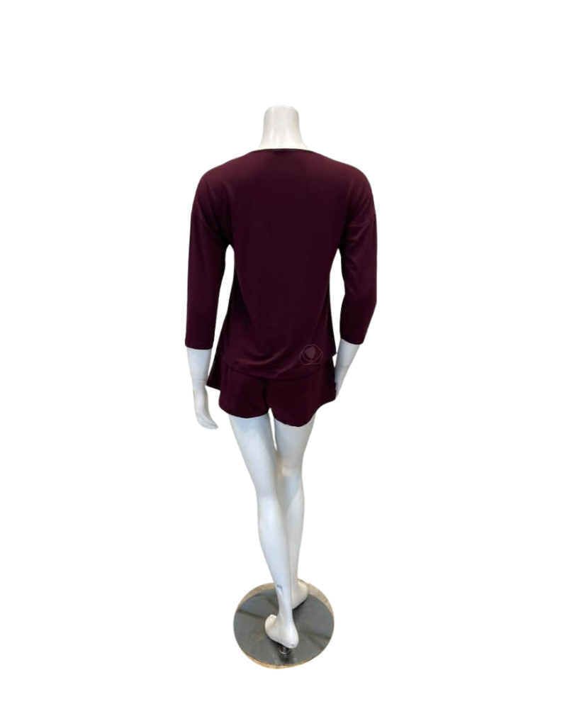 Oh! Zuza Maroon V Neck Lace Modal 3/4 Sleeve & Shorts Pajamas Set