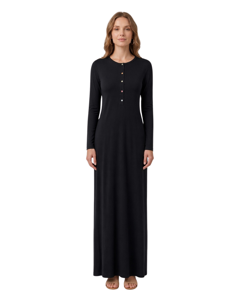 Ellwi Black Rhinestone Button Down Cotton Nightgown