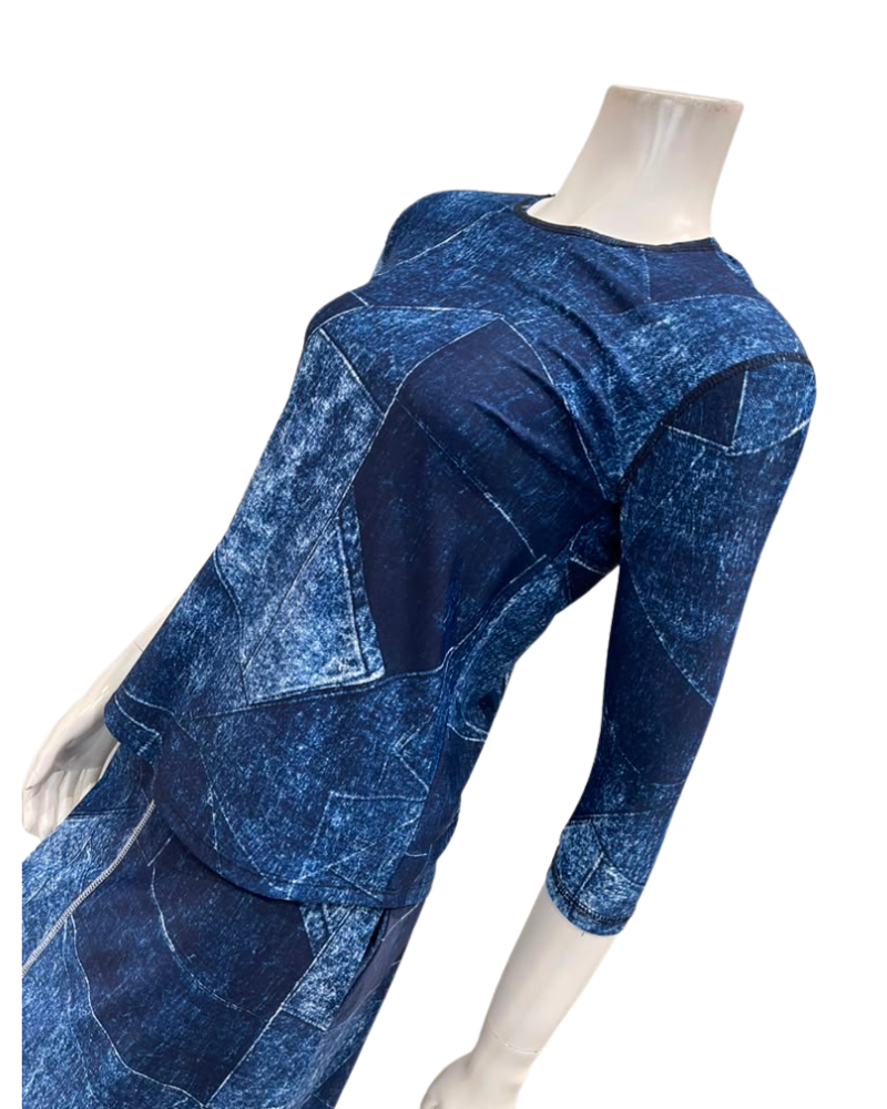 Seashells Denim Patchwork Round Neck 3/4