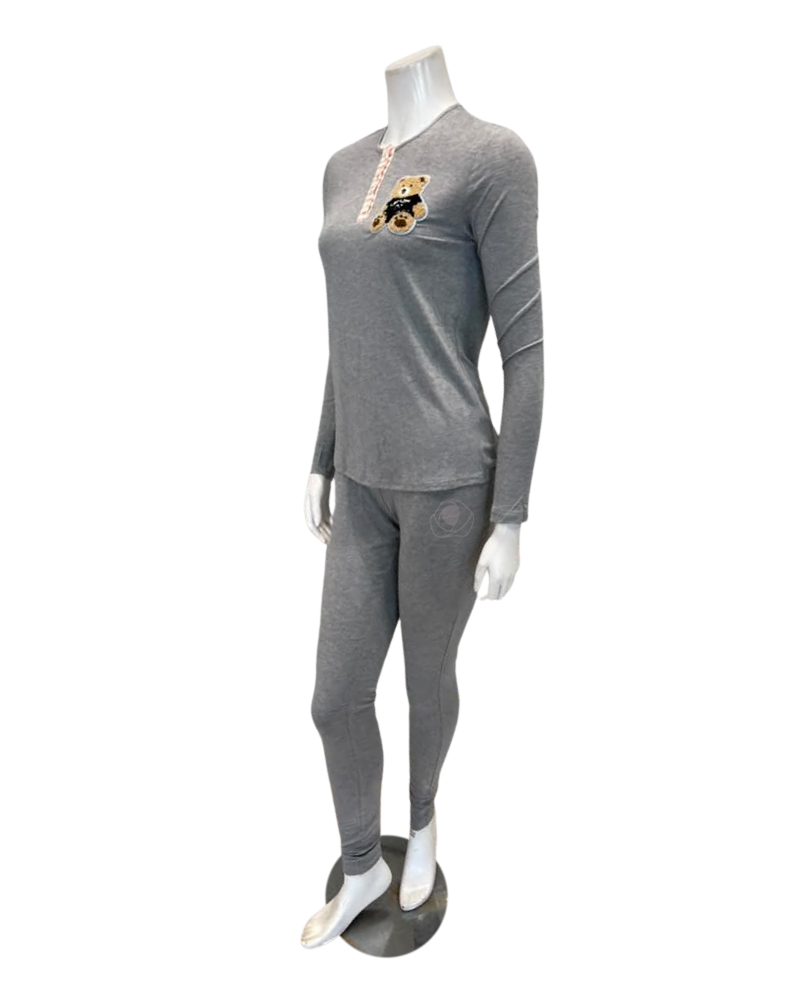 Angelice Grey Teddy with Striped Placket Modal Pajamas Set