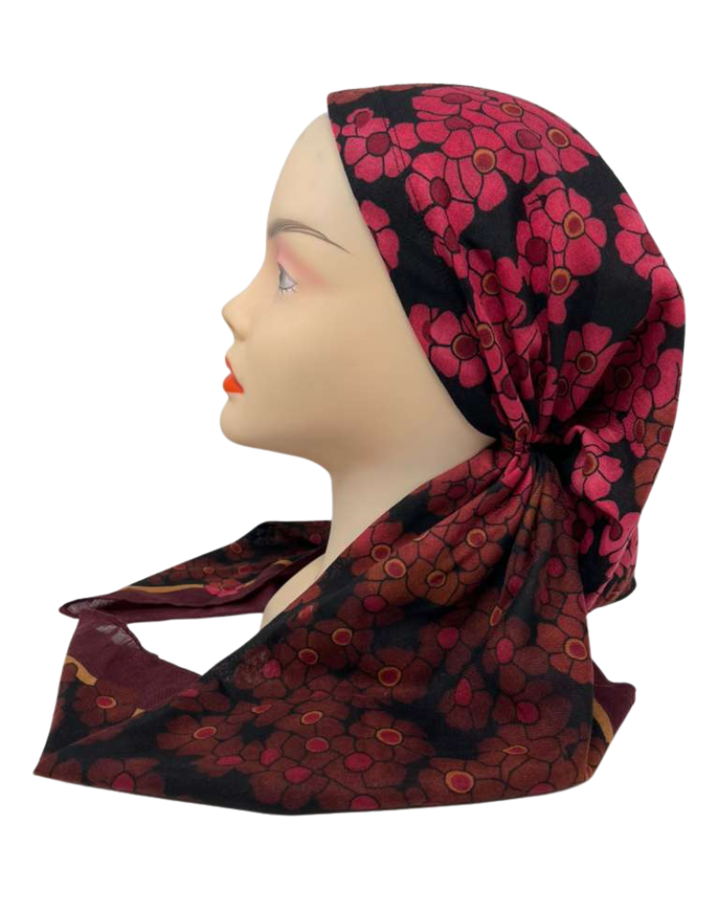 Cherie Burgundy Floral Design Adjustable Closed Back Pre-Tied Bandanna
