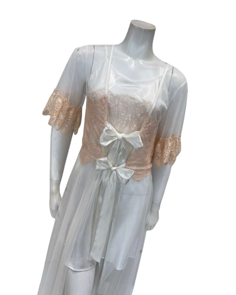 Madeleine Fig Sophia Peach Lace Charmeuse Chemise + Joan Long Robe Set