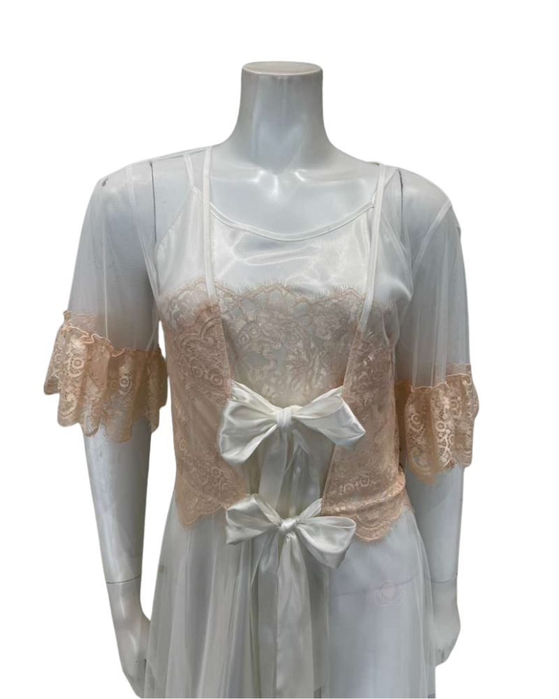 Madeleine Fig Sophia Peach Lace Charmeuse Chemise + Joan Long Robe Set