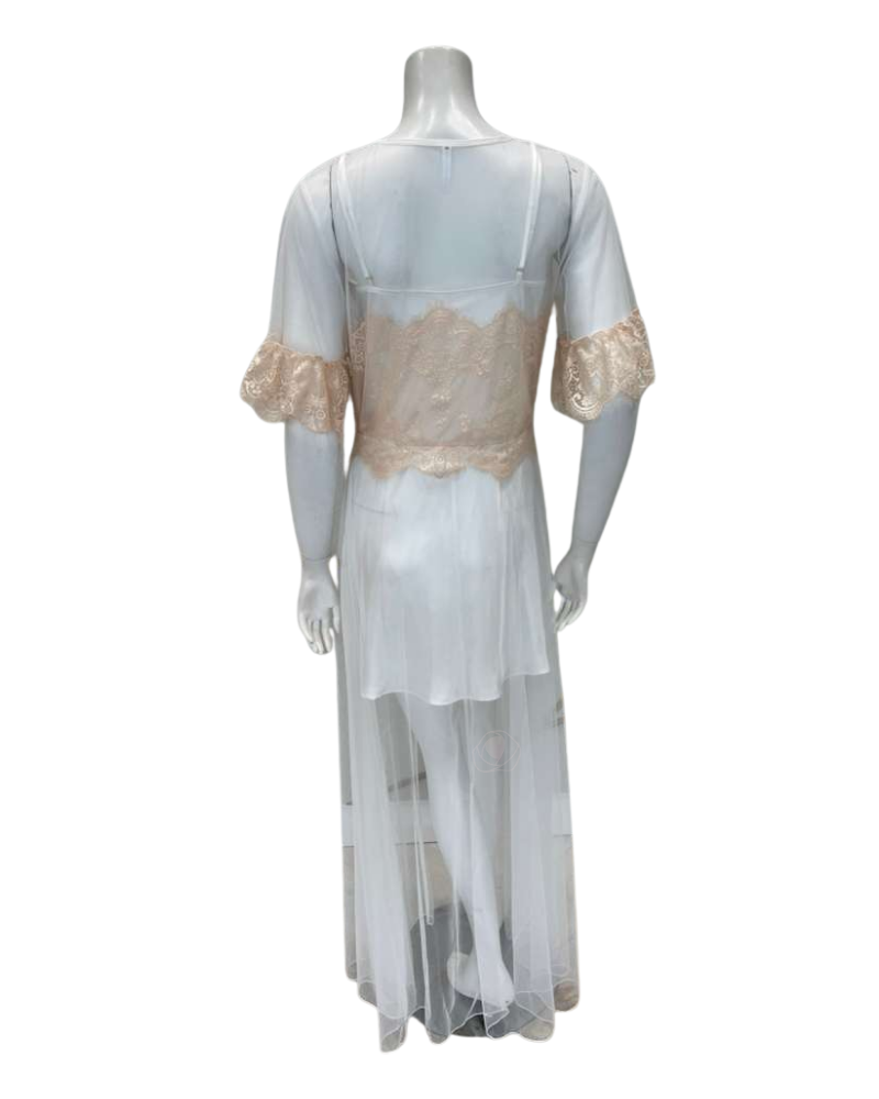 Madeleine Fig Sophia Peach Lace Charmeuse Chemise + Joan Long Robe Set