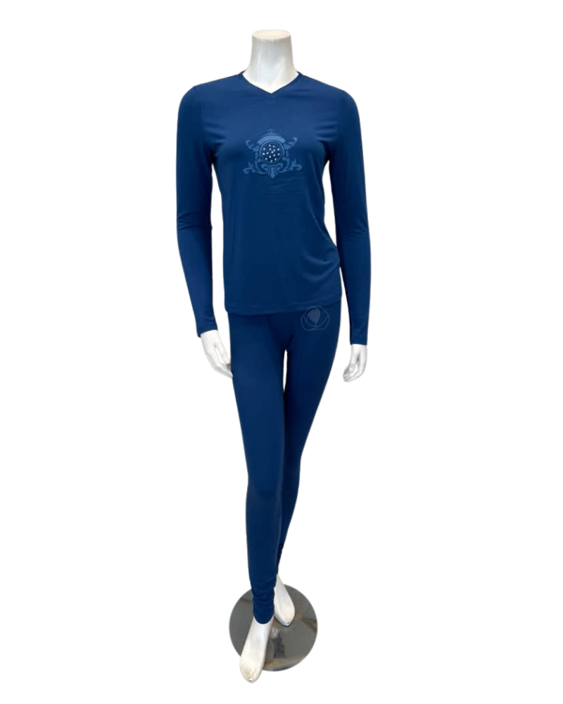 Angelice Dark Blue Royal Embroidery V Neck Modal Pajamas Set