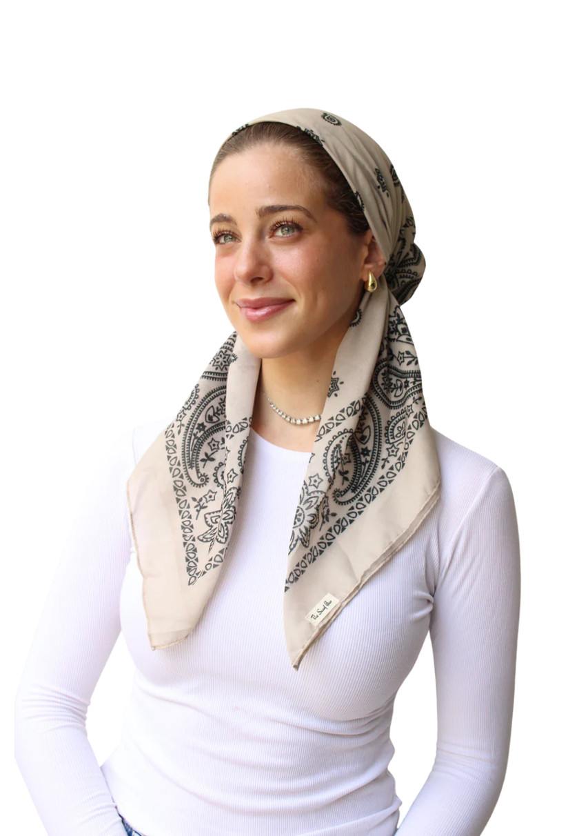Scarf Bar Paisley Sand Classic Pre-Tied with Velvet Grip and Short Tails Myselflingerie.com