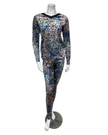 Jackie O'Loungewear Multi Blue Velvet Printed V Neck Long Sleeve Velour Pajamas Set