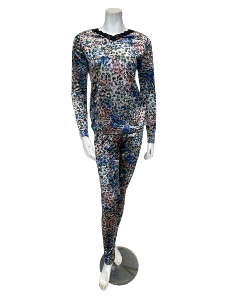 Jackie O'Loungewear Multi Blue Velvet Printed V Neck Long Sleeve Velour Pajamas Set