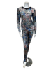 Jackie O'Loungewear Multi Blue Velvet Printed V Neck Long Sleeve Velour Pajamas Set