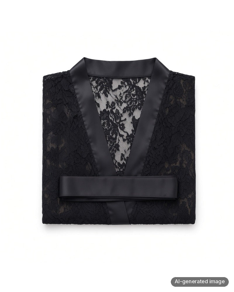 Folded Mapale Black Lace & Satin Plus Size Wrap Robe w/ Matching G-String
