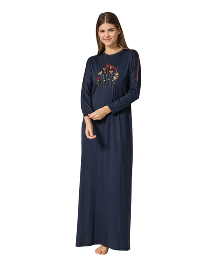 Pen-ky Carbon Blue Embroidered Flowers Modal Pull On Nightgown