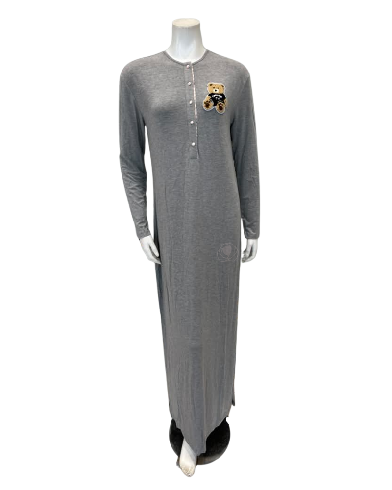 Angelice Grey Teddy with Striped Placket Button Down Modal Nightgown