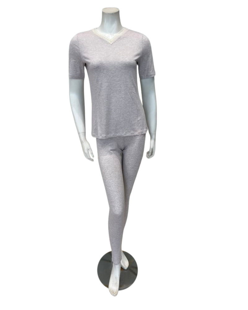 Oh! Zuza Beige V Neck Modal Short Sleeves with Leggings Pajamas Set