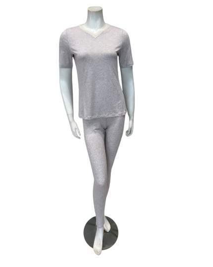 Oh! Zuza Beige V Neck Modal Short Sleeves with Leggings Pajamas Set