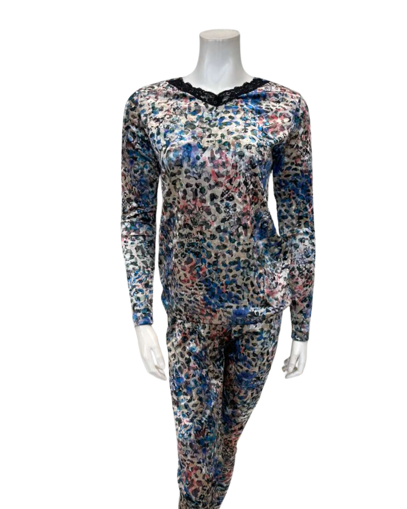 Jackie O'Loungewear Multi Blue Velvet Printed V Neck Long Sleeve Velour Pajamas Set