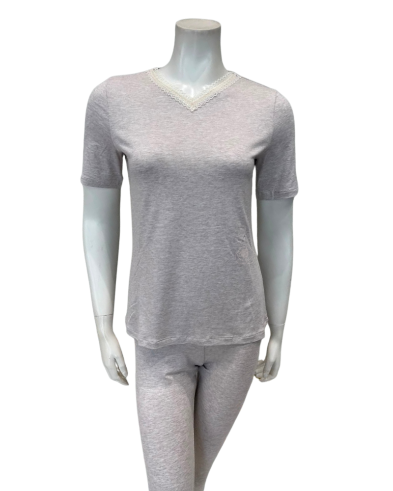 Oh! Zuza Beige V Neck Modal Short Sleeves with Leggings Pajamas Set