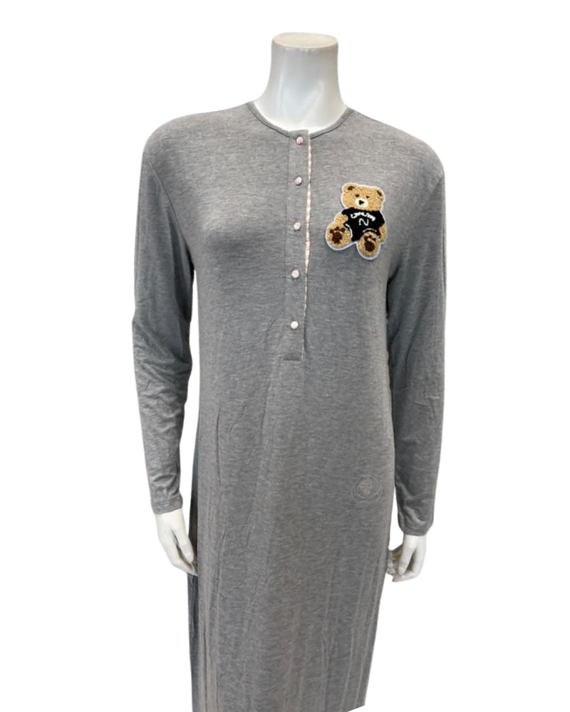 Angelice Grey Teddy with Striped Placket Button Down Modal Nightgown