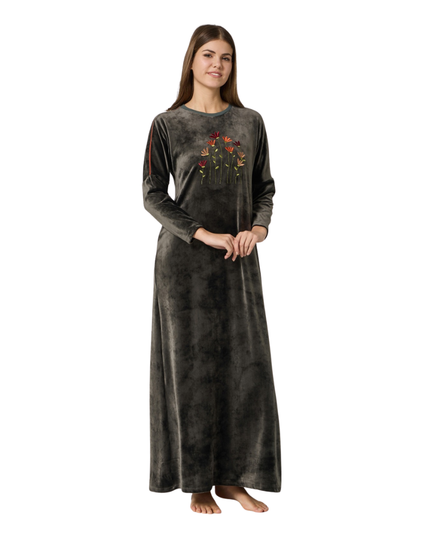 Pen-ky Olive Embroidered Flowers Velour Pull On Nightgown