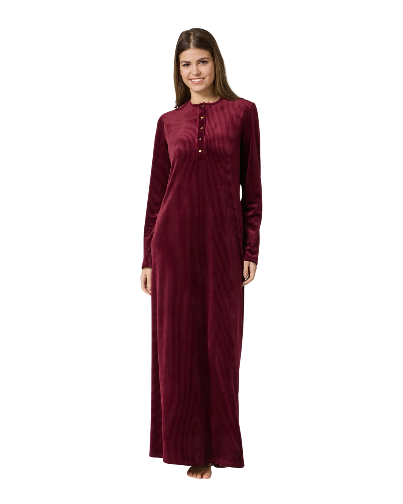 Pen-ky Bordeaux Ribbed Button Down Velour Nightgown