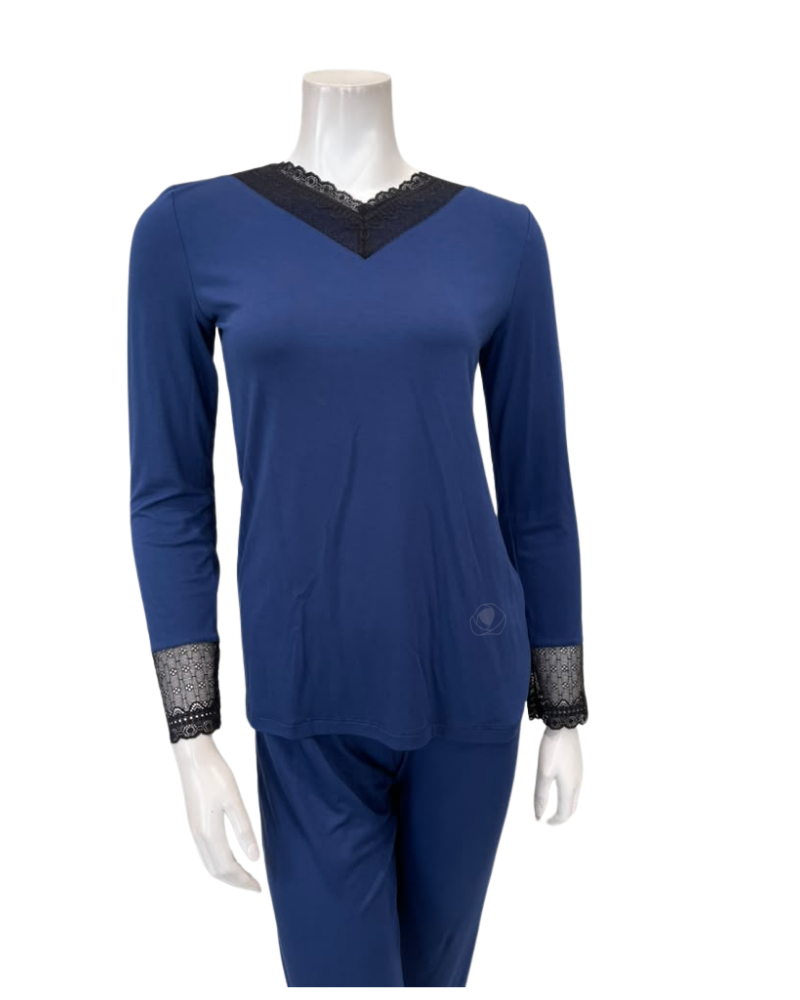 Oh! Zuza Marine Blue Swirl Design Lace V Neck Modal Pajamas Set