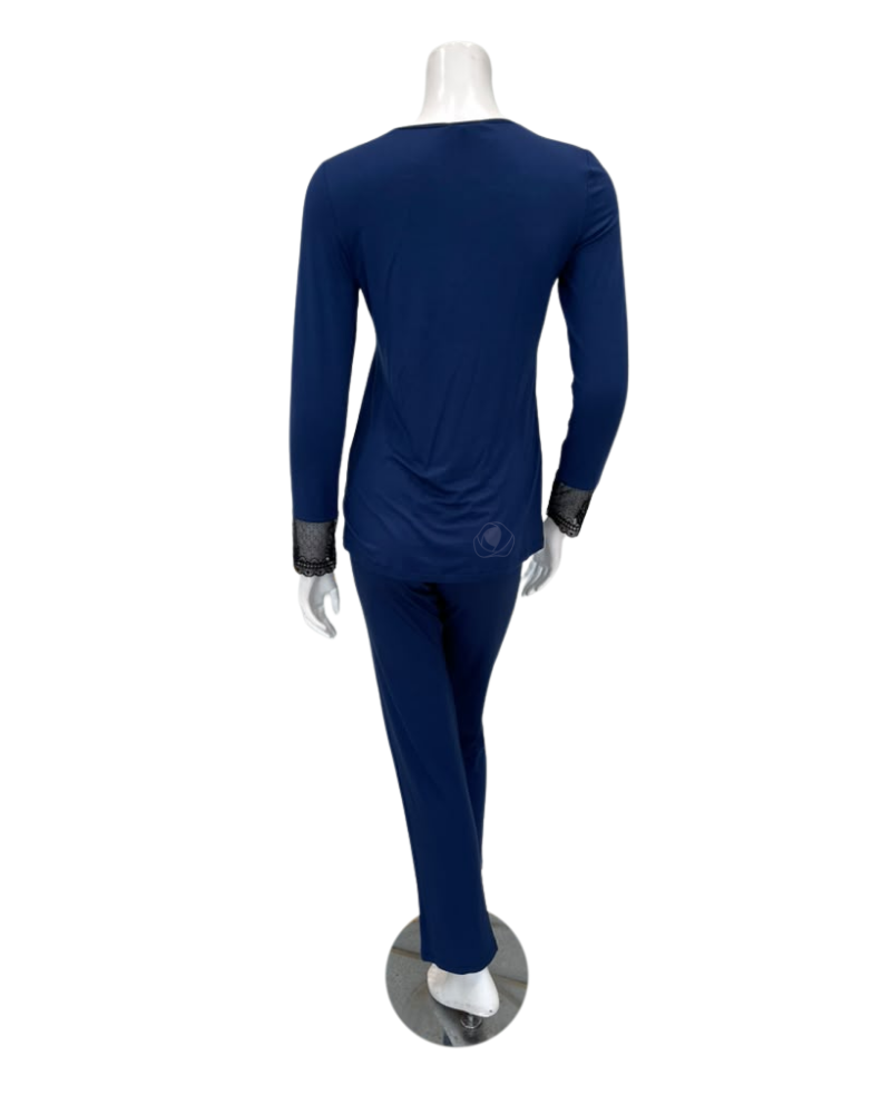Oh! Zuza Marine Blue Swirl Design Lace V Neck Modal Pajamas Set