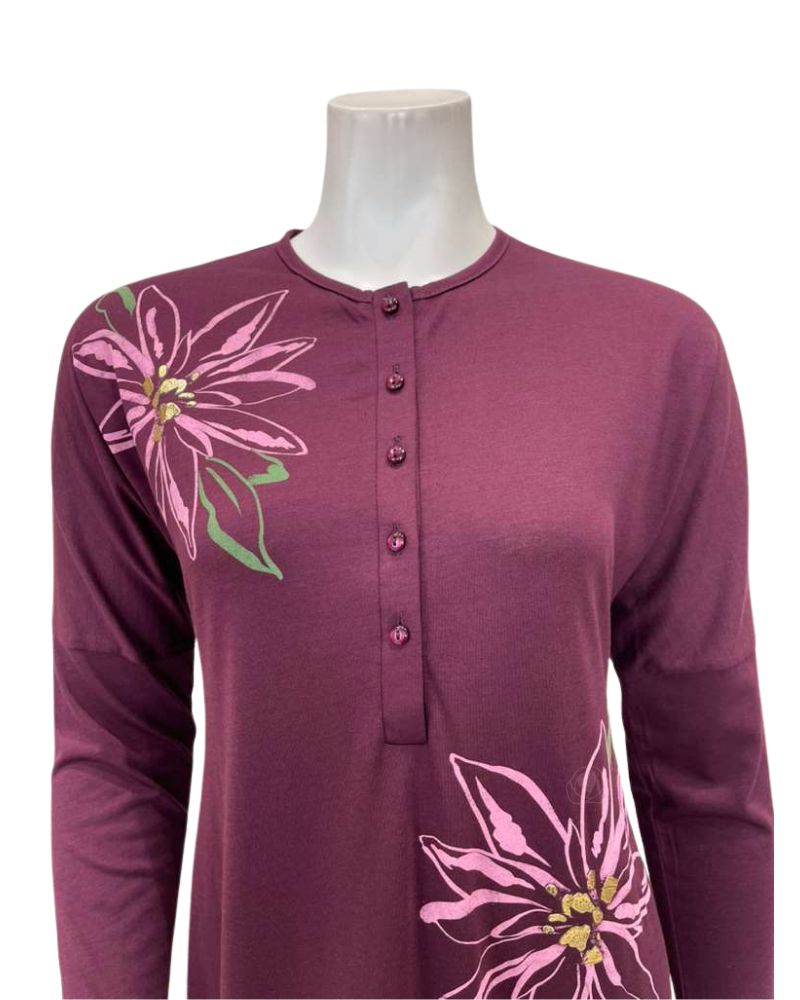 Pen-ky Cherry Flower Bursts Button Down Cotton Blend Nightgown