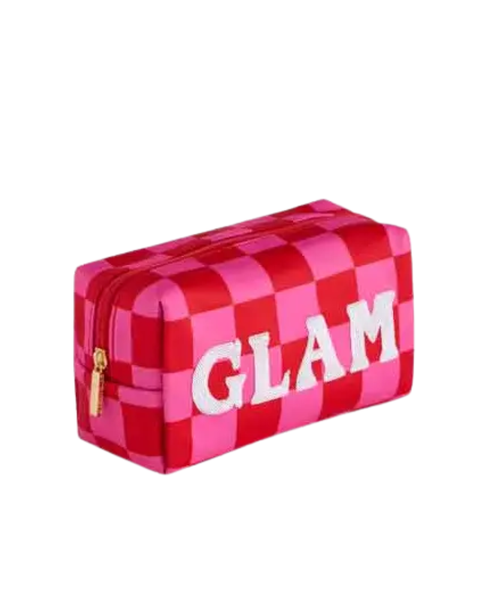ShiraLeah Pink Cara Checkered Glam Zip Cosmetic Pouch