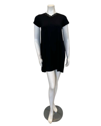 Jackie O'Loungewear NS-S/S-BLK Black V Neck Lace Short Sleeves Modal Nightshirt Myselflingerie.com
