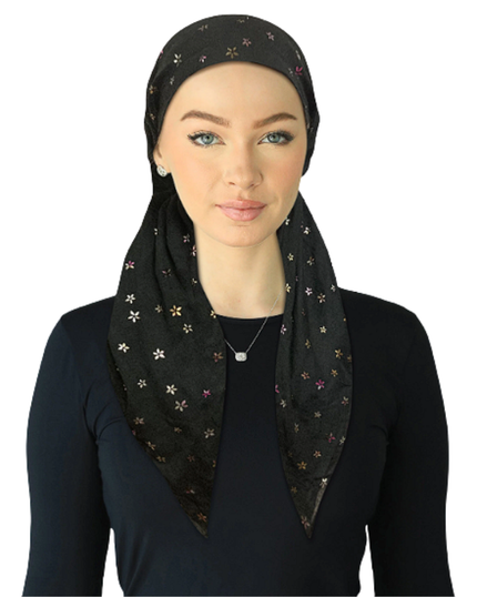 Cherie SP310A-BKMU Black/Multi Foil Flowers Adjustable Pre-Tied Open Back Bandanna Myselflingerie.com