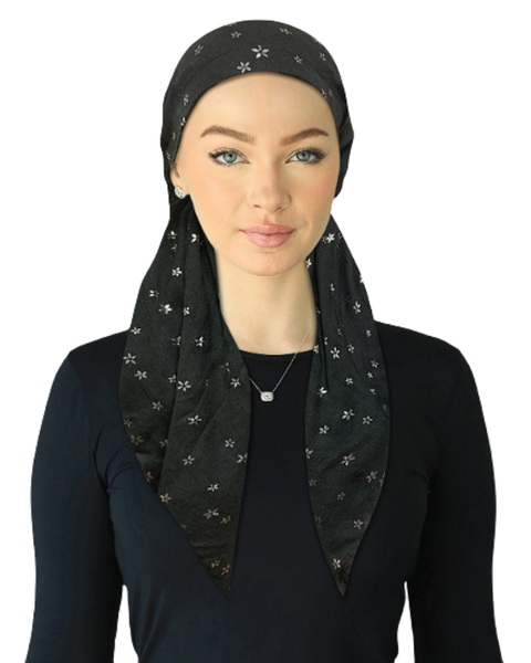 Cherie SP310A-BKS Black/Silver Foil Flowers Adjustable Pre-Tied Open Back Bandanna Myselflingerie.com