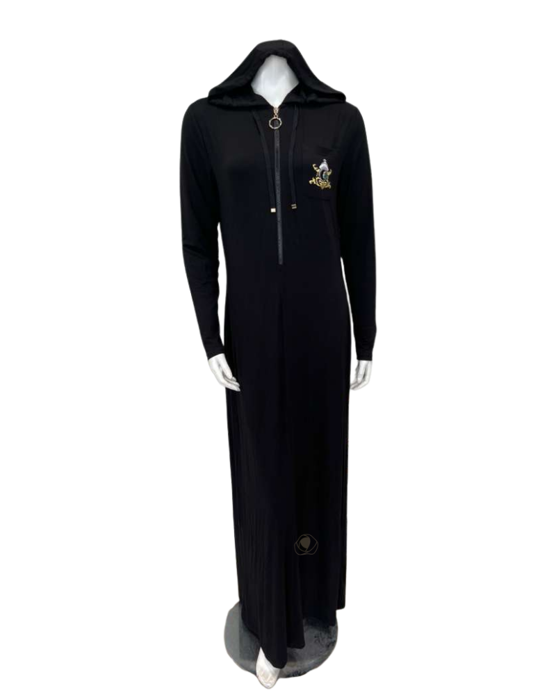 Sparrow Black with Royal Embroidery Zip Up Jersey Lounger Morning Robe Myselflingerie.com