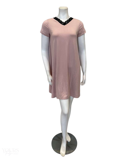 Jackie O'Loungewear NS-S/S-PNK Pink V Neck Lace Short Sleeves Modal Nightshirt Myselflingerie.com