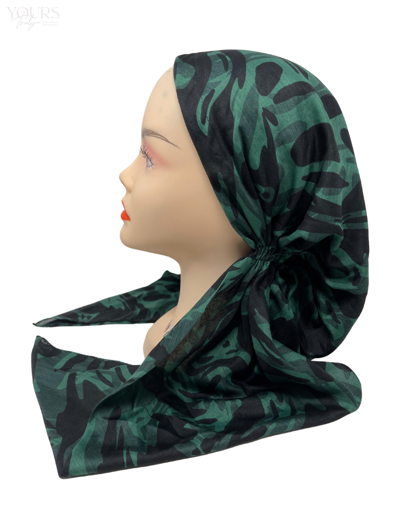 Ahead IT2592 Green Swirled Ink Israeli Style Long Tails Pre-Tied Bandanna Myselflingerie.com