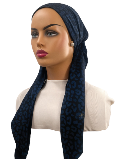 Ahead VT2895 Black Blue Leopale Versatile Style Long Tails Open Back Pre-Tied Bandanna Myselflingerie.com