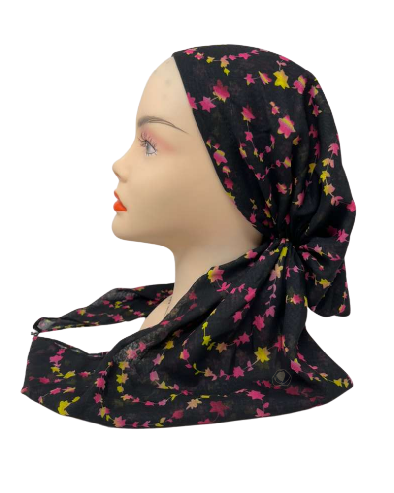 Ahead IT2809 Black Twilight Bloom Israeli Style Long Tails Pre-Tied Bandanna Myselflingerie.com