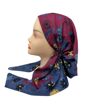 Ahead Dark Denim Petal Grid Israeli Style Long Tails Pre-Tied Bandanna