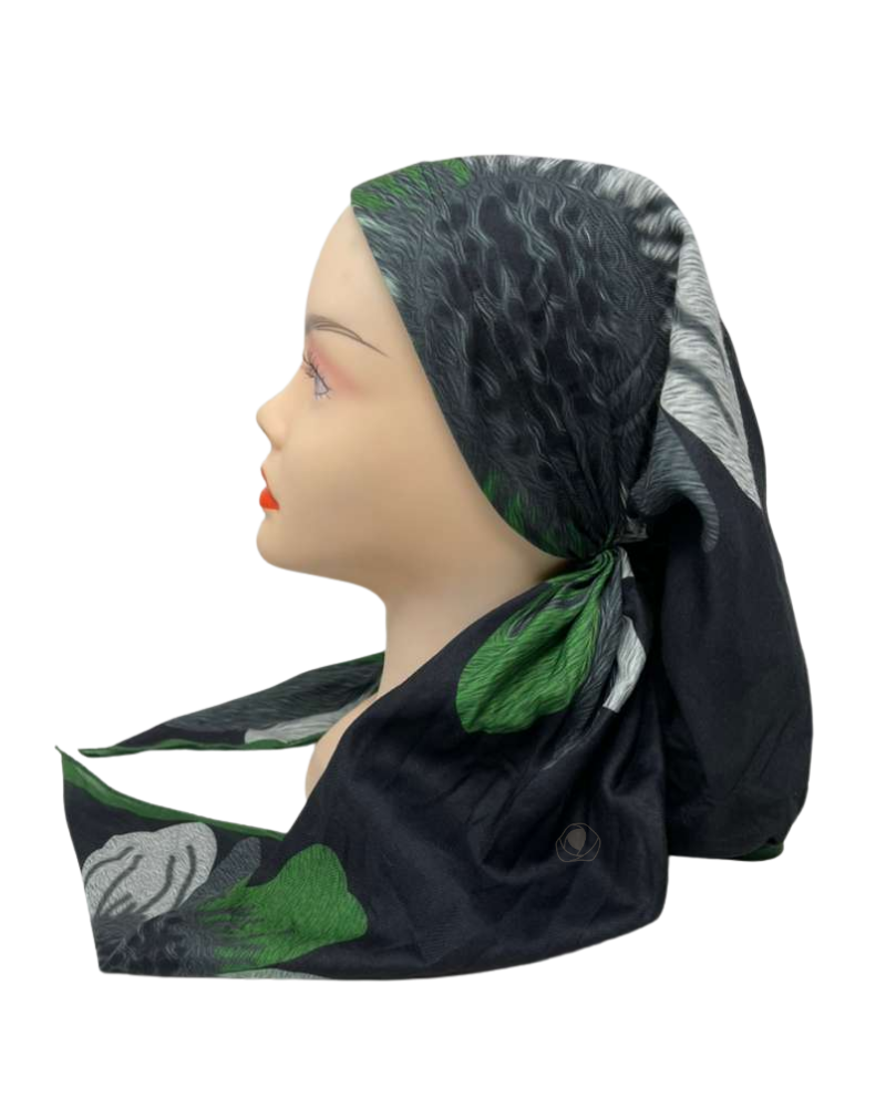 It's Younique OB-GR-FL Green Oversized Flower on Black Pre-Tied Open Back Bandanna with Velvet Grip