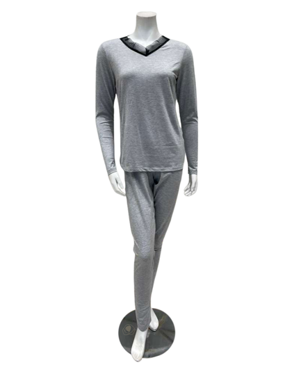 Jackie O'Loungewear VPJ-GRY-W27 Grey V Neck Long Sleeve Modal Pajamas Set Myselflingerie.com