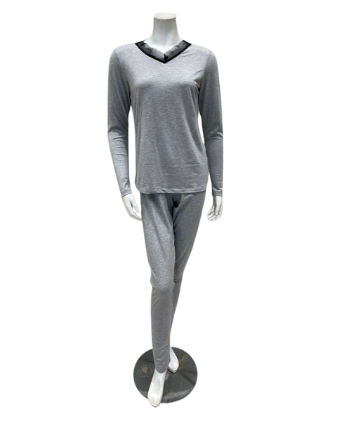 Jackie O'Loungewear Grey V Neck Long Sleeve Modal Pajamas Set Myselflingerie.com