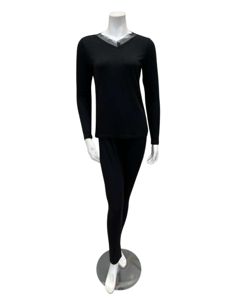 Jackie O'Loungewear VPJ-BLK-W27 Black V Neck Long Sleeve Modal Pajamas Set