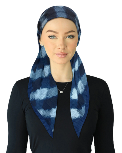 Cherie SPC337A-BL Blue Tones Patchwork Adjustable Closed Back Pre-Tied Bandanna Myselflingerie.com