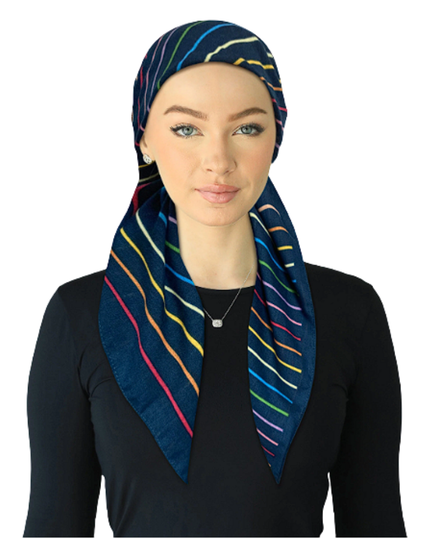 Cherie SPC332A-NYMU Navy/Multi Stripes Adjustable Closed Back Pre-Tied Bandanna Myselflingerie.com