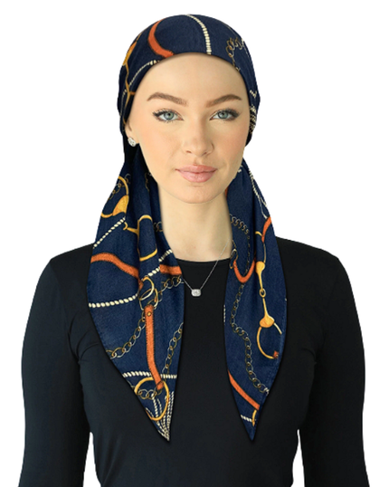 Cherie Navy Chains Adjustable Closed Back Pre-Tied Bandanna