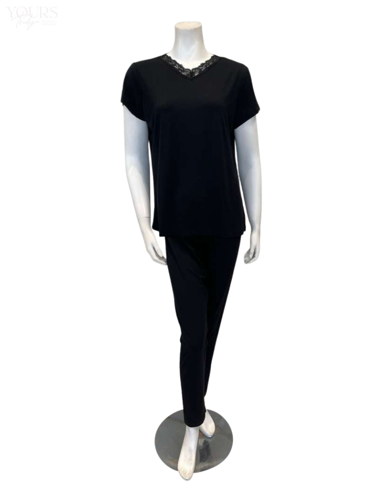 Jackie O'Loungewear VPJ-S/S-BLK Black Short Sleeve V Neck Modal Pajamas Set Myselflingerie.com