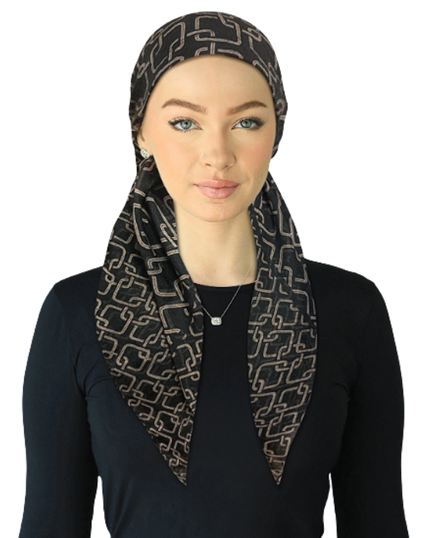 Cherie SPC312A-BK Black Geo Print Adjustable Closed Back Pre-Tied Bandanna Myselflingerie.com