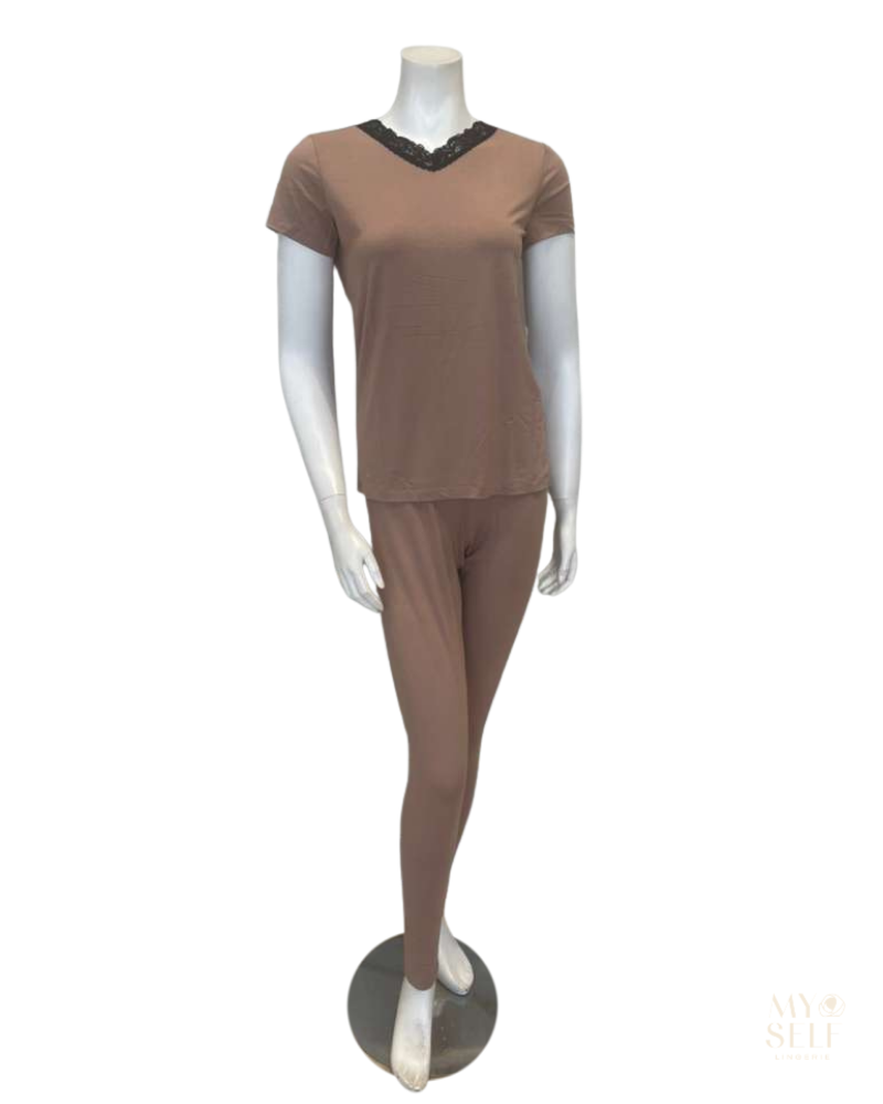 Jackie O'Loungewear VPJ-S/S-TAN Tan Short Sleeve V Neck Modal Pajamas Set Myselflingerie.com
