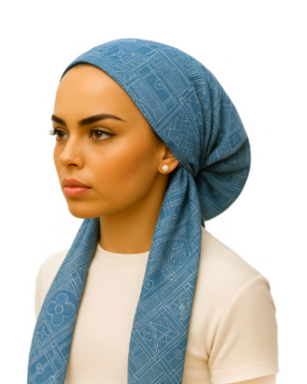 Ahead VT2786 Denim Stacked Signals Versatile Style Long Tails Open Back Pre-Tied Bandanna Myselflingerie.com