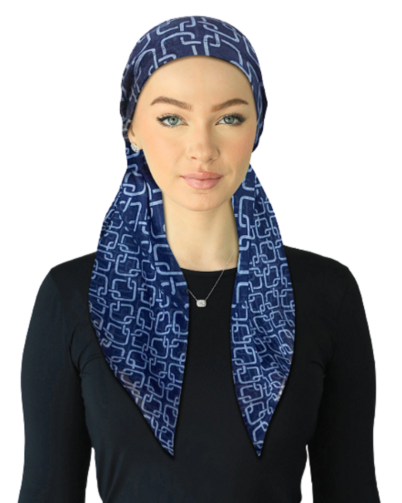 Cherie SPC312A-NY Navy Geo Print Adjustable Closed Back Pre-Tied Bandanna Myselflingerie.com